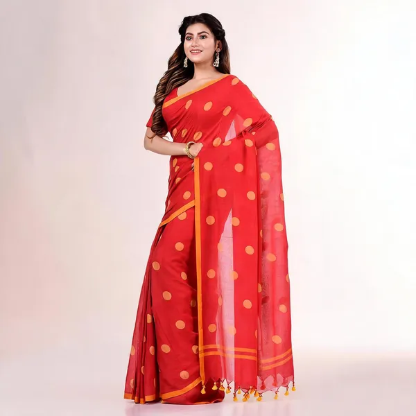 Red_Yellow_Mulmul_Cotton_Printed_Polka_Dot_Handloom_Saree_For_Women