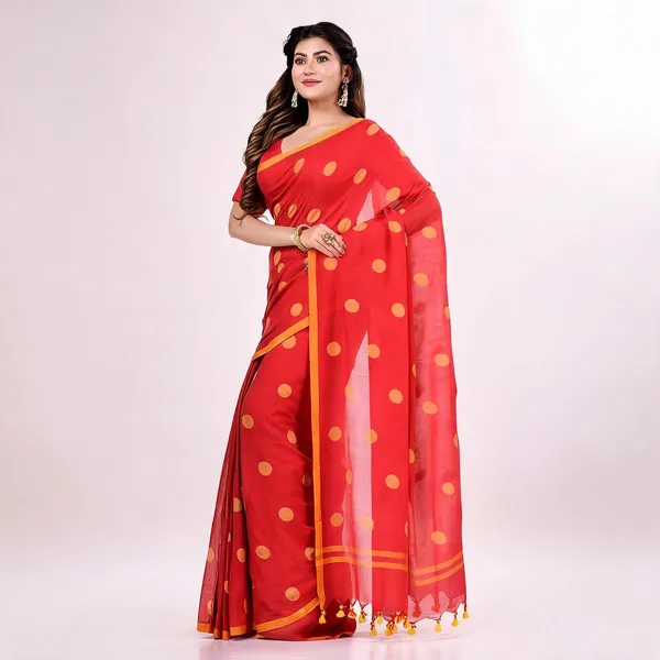 Red_Yellow_Mulmul_Cotton_Printed_Polka_Dot_Handloom_Saree_For_Women
