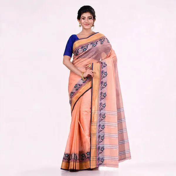 Light_Orange_Cotton_Handloom_Bengal_Tant_Saree_For_Women