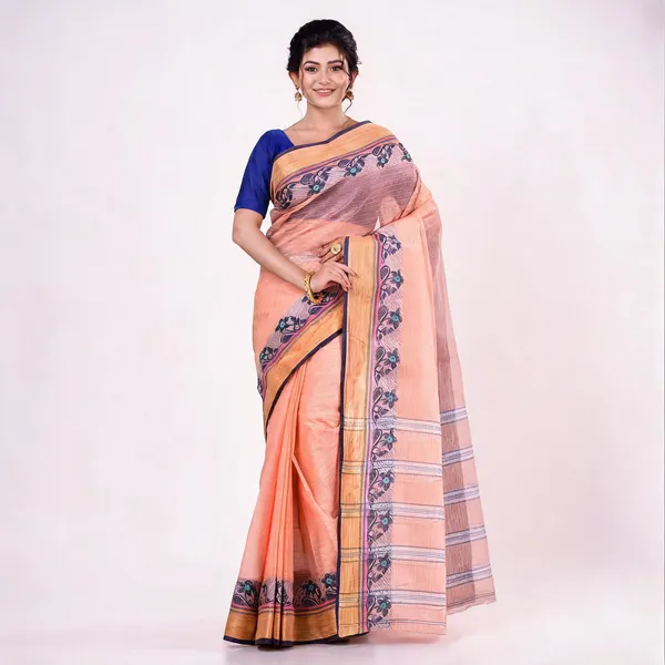 Light_Orange_Cotton_Handloom_Bengal_Tant_Saree_For_Women