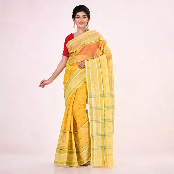Yellow_Cotton_Handloom_Bengal_Tant_Saree_For_Women