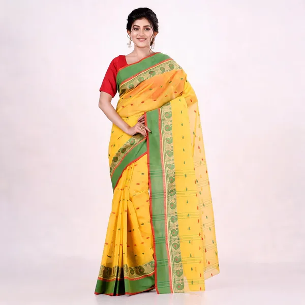 Yellow_Cotton_Bengali_Handloom_Tant_Saree_For_Women