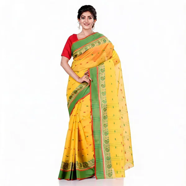 Yellow_Cotton_Bengali_Handloom_Tant_Saree_For_Women