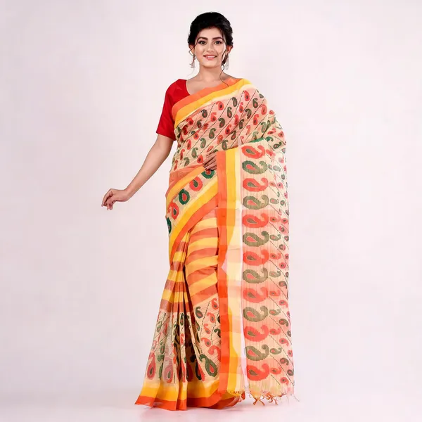 Red_Yellow_Cotton_Handloom_Woven_Saree_For_Women