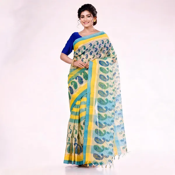 Blue_Yellow_Cotton_Bengal_Tant_Handloom_Saree_For_Women