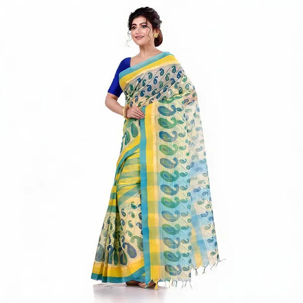 Blue_Yellow_Cotton_Bengal_Tant_Handloom_Saree_For_Women