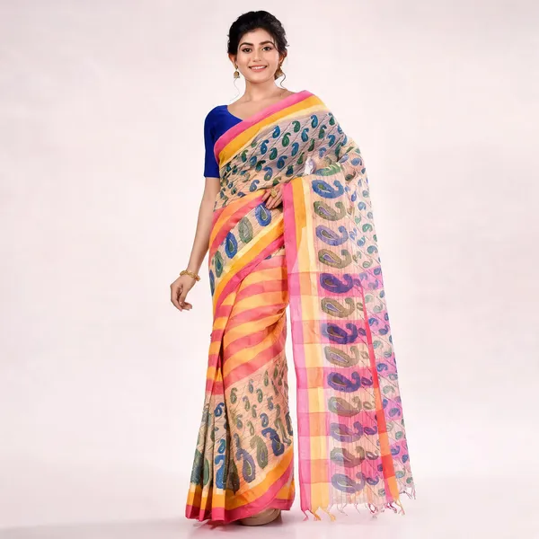 Pink_Yellow_Cotton_Handloom_Tant_Woven_Saree_For_Women
