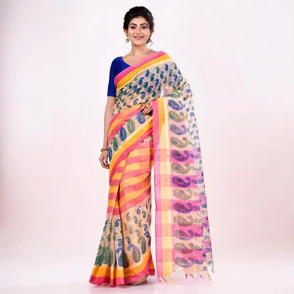 Pink_Yellow_Cotton_Handloom_Tant_Woven_Saree_For_Women
