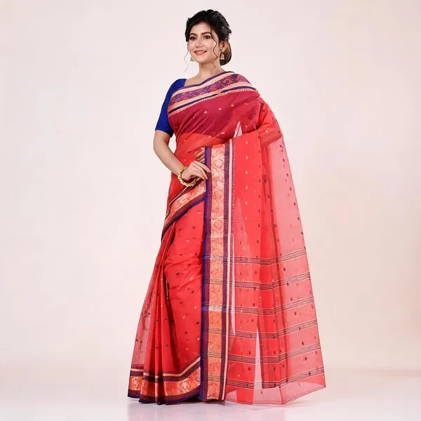 Red_Cotton_Tant_Handloom_Woven_Saree_For_Women