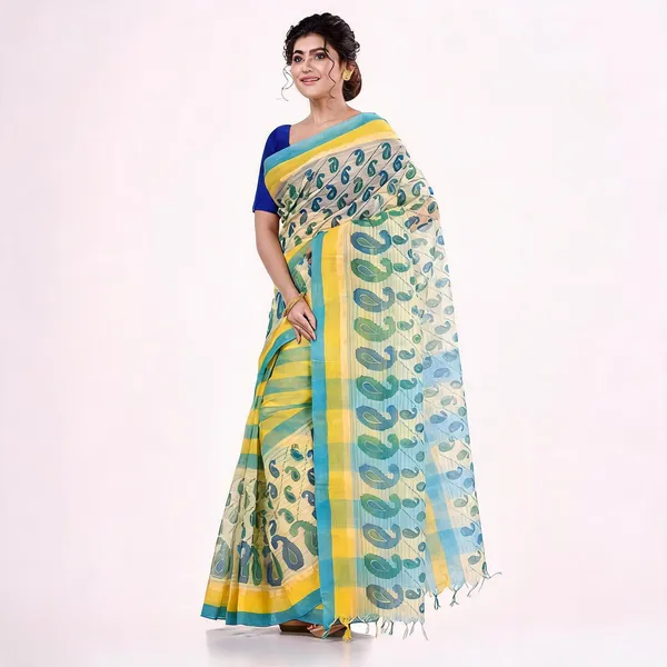 Blue_Yellow_Cotton_Bengal_Handloom_Saree_For_Women