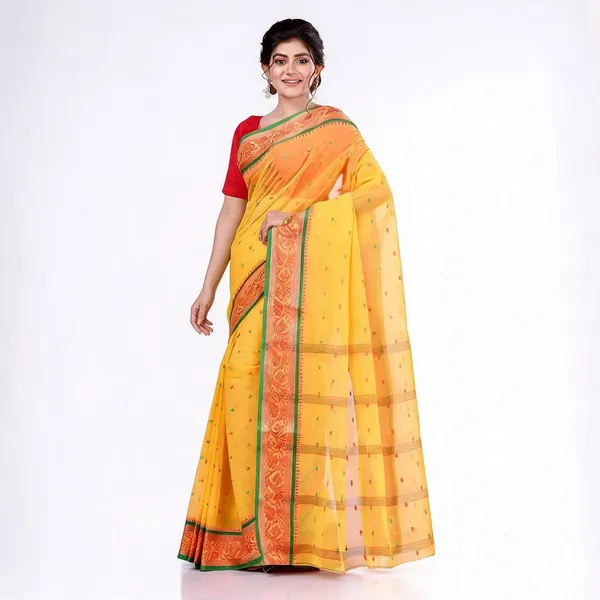 Deep_Yellow_Cotton_Bengali_Handloom_Woven_Saree_For_Women