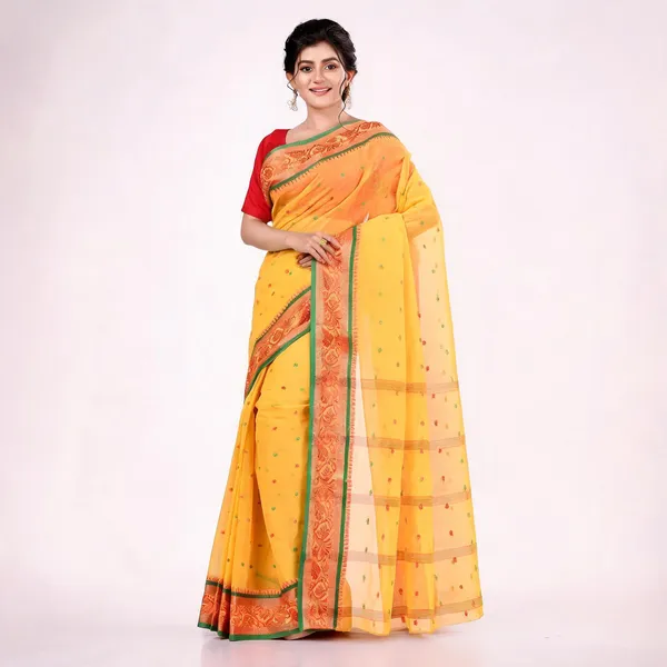 Deep_Yellow_Cotton_Bengali_Handloom_Woven_Saree_For_Women