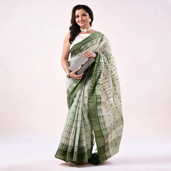 Green_White_Cotton_Handloom_Bengal_Tant_Saree_For_Women