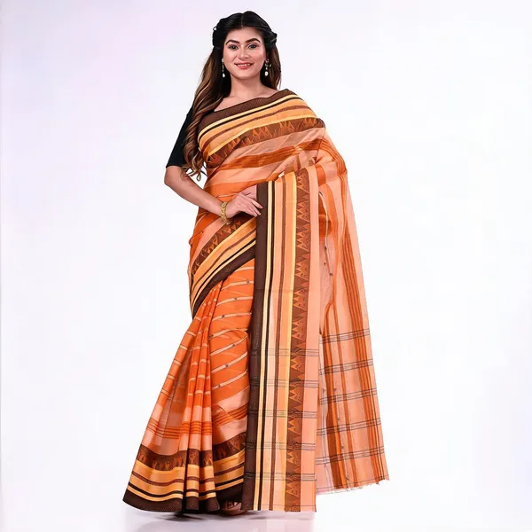 Orange_Cotton_Bengal_Handloom_Saree_For_Women