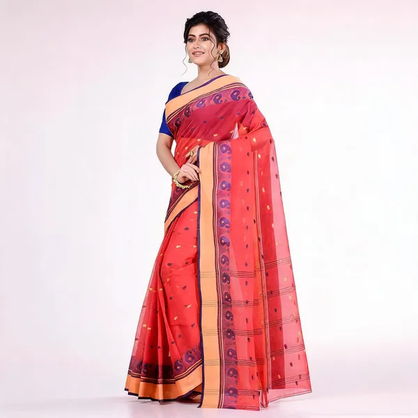 Red_Cotton_Handloom_Bengali_Tant_Saree_For_Women