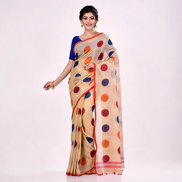 Beige_Cotton_Handloom_Bengali_Tant_Saree_For_Women