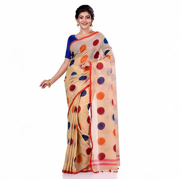 Beige_Cotton_Handloom_Bengali_Tant_Saree_For_Women