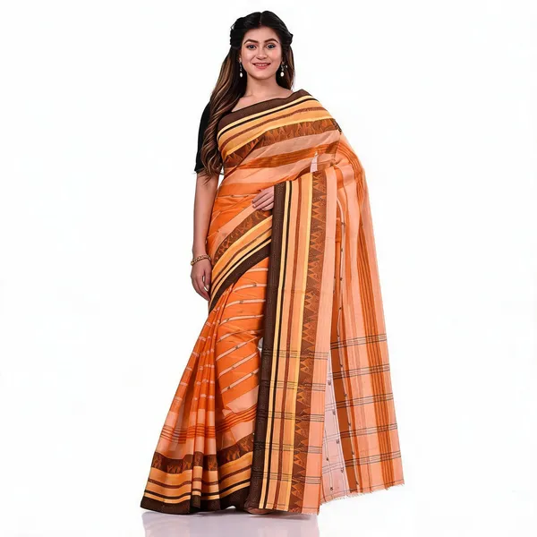 Orange_Cotton_Handloom_Tant_Saree_For_Women