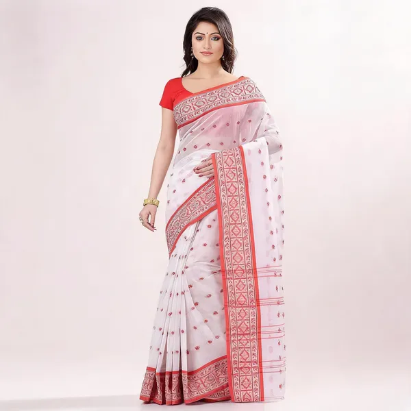 White_Red_Cotton_Bengal_Handloom_Woven_Saree_For_Women
