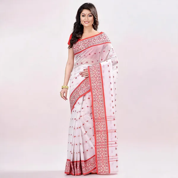 White_Red_Cotton_Bengal_Handloom_Woven_Saree_For_Women