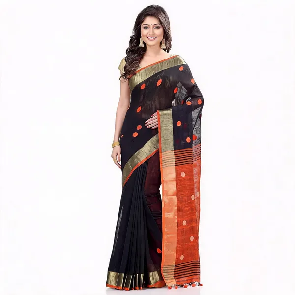 Black_Orange_Cotton_Woven_Handloom_Saree_With_Blouse_For_Women