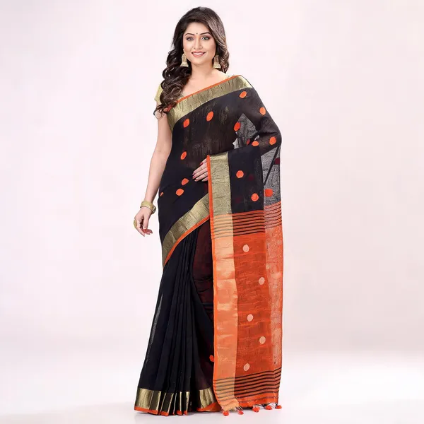 Black_Orange_Cotton_Woven_Handloom_Saree_With_Blouse_For_Women