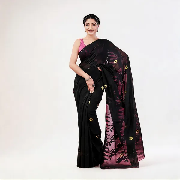 Black_Cotton_Floral_Jamdani_Saree_For_Women