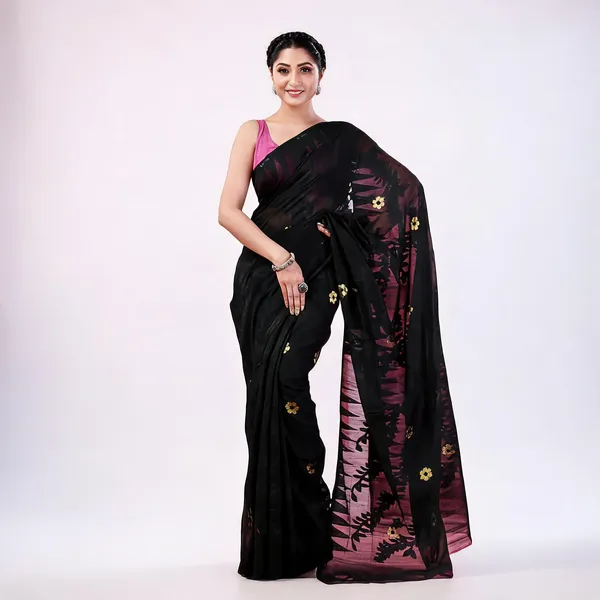 Black_Cotton_Floral_Jamdani_Saree_For_Women