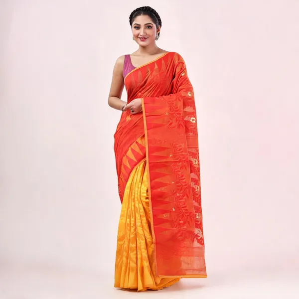 Yellow_Red_Cotton_Floral_Jamdani_Saree_For_Women