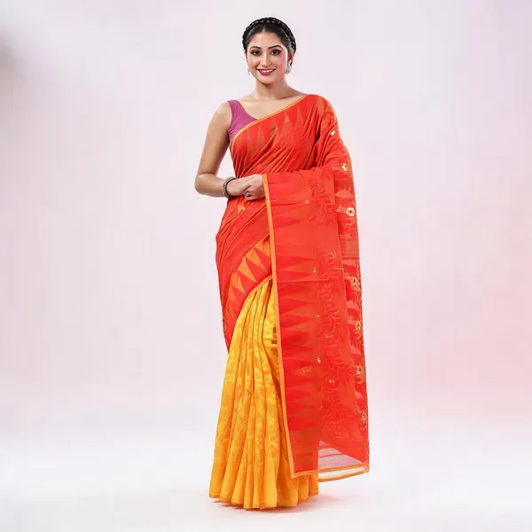 Yellow_Red_Cotton_Floral_Jamdani_Saree_For_Women