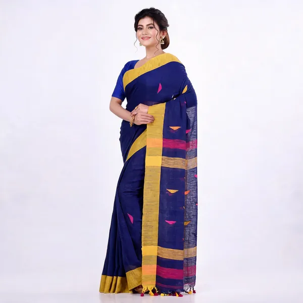 Deep_Blue_Cotton_Tant_Handloom_Woven_Saree_With_Blouse_For_Women