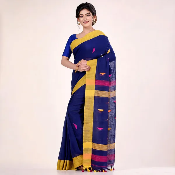 Deep_Blue_Cotton_Tant_Handloom_Woven_Saree_With_Blouse_For_Women