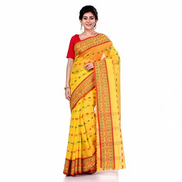 Yellow_Red_Cotton_Woven_Bengal_Tant_Saree_For_Women