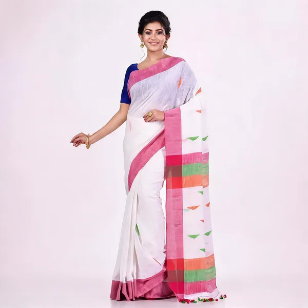 White_Red_Cotton_Handloom_Woven_Saree_With_Blouse_Piece_For_Women