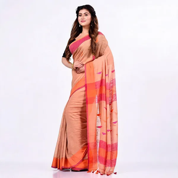 Orange_Cotton_Woven_Handloom_Saree_With_Blouse_Piece_For_Women