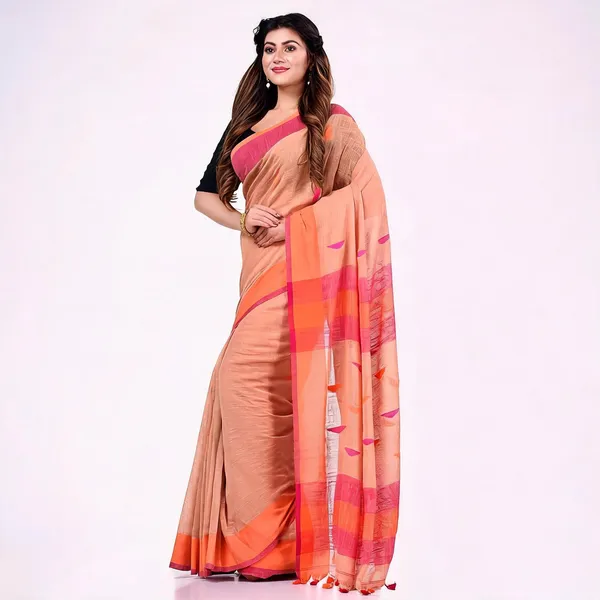 Orange_Cotton_Woven_Handloom_Saree_With_Blouse_Piece_For_Women
