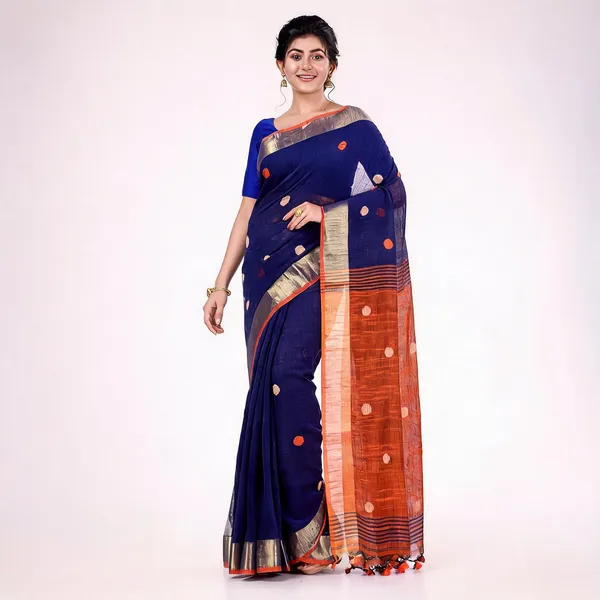 Deep_Blue_Orange_Cotton_Handloom_Traditional_Saree_With_Blouse_For_Women