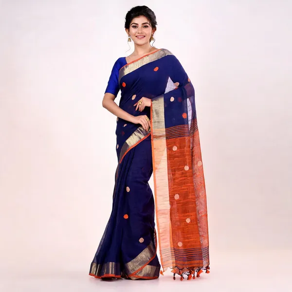 Deep_Blue_Orange_Cotton_Handloom_Traditional_Saree_With_Blouse_For_Women
