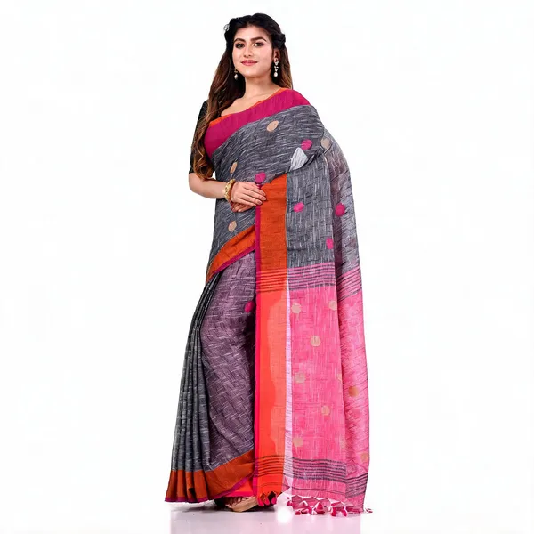 Pink_Grey_Cotton_Woven_Solid_Saree_With_Blouse_For_Women