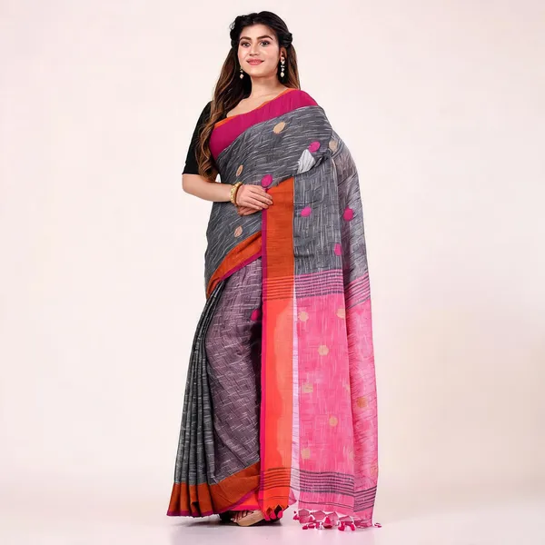 Pink_Grey_Cotton_Woven_Solid_Saree_With_Blouse_For_Women