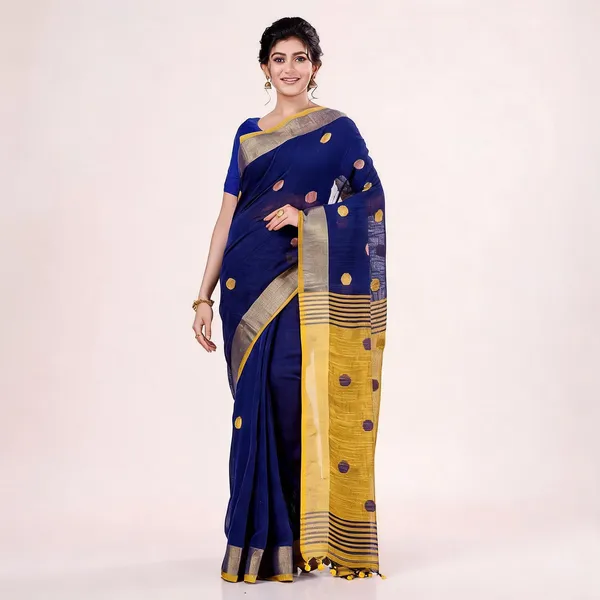 Deep_Blue_Yellow_Cotton_Woven_Solid_Saree_For_Women