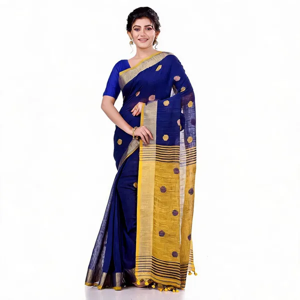 Deep_Blue_Yellow_Cotton_Woven_Solid_Saree_For_Women
