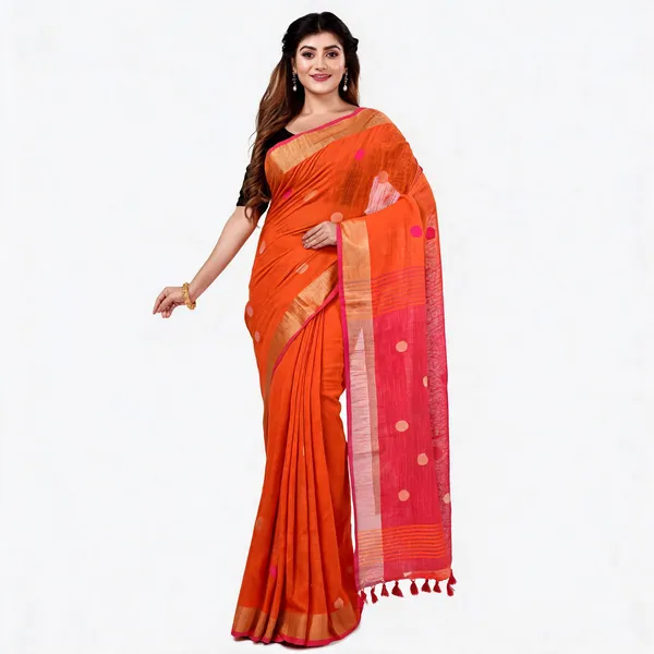 Orange_Pink_Cotton_Handloom_Saree_With_Blouse_For_Women