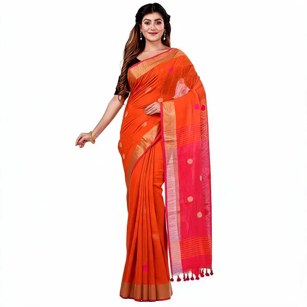 Orange_Pink_Cotton_Handloom_Saree_With_Blouse_For_Women