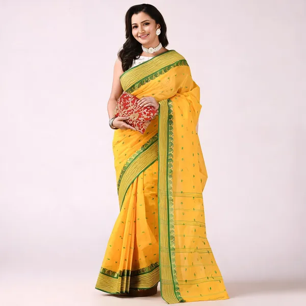 Yellow_Green_Cotton_Handloom_Bengal_Tant_Saree_For_Women
