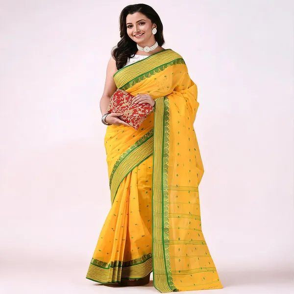 Yellow_Green_Cotton_Handloom_Bengal_Tant_Saree_For_Women
