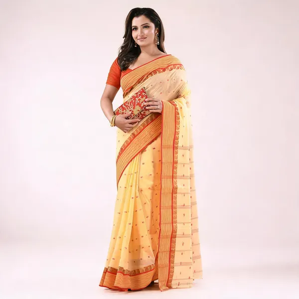 Cream_Red_Cotton_Handloom_Tant_Saree_For_Women
