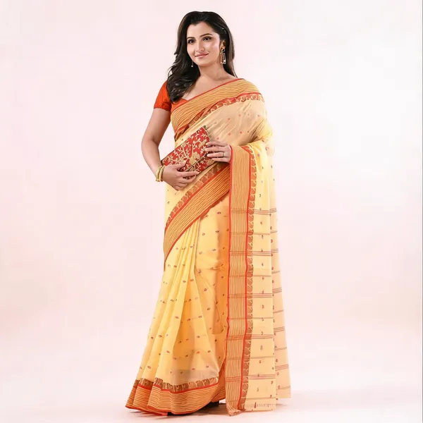 Cream_Red_Cotton_Handloom_Tant_Saree_For_Women