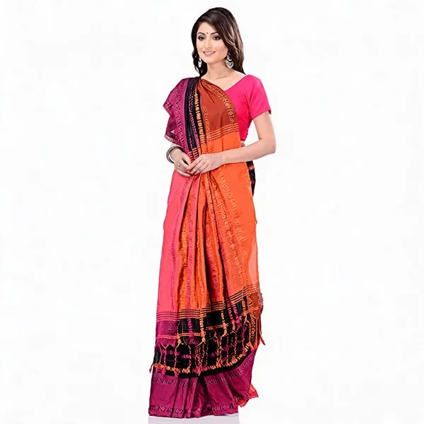Orange_Black_Cotton_Striped_Handloom_Saree_For_Women