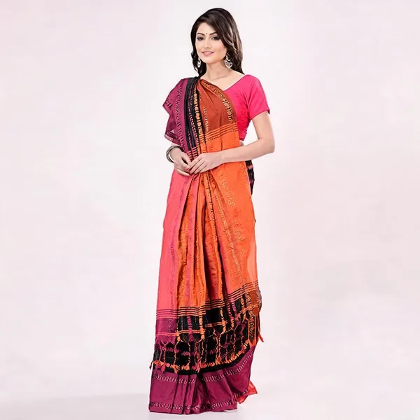 Orange_Black_Cotton_Striped_Handloom_Saree_For_Women